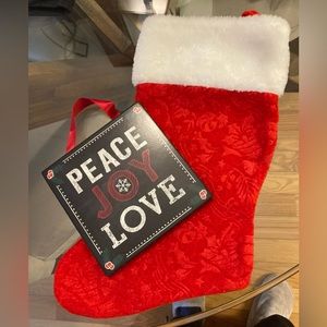 Set of Wooden Christmas Wall Hanging with Pretty Red Holiday Stocking